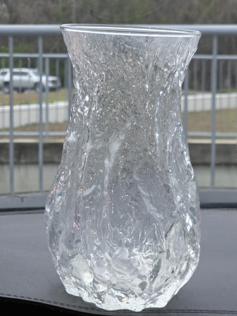 Vintage Ice Glass Vase Mid Century Modern Heavy Crystal Textured Art Glass 9.75"